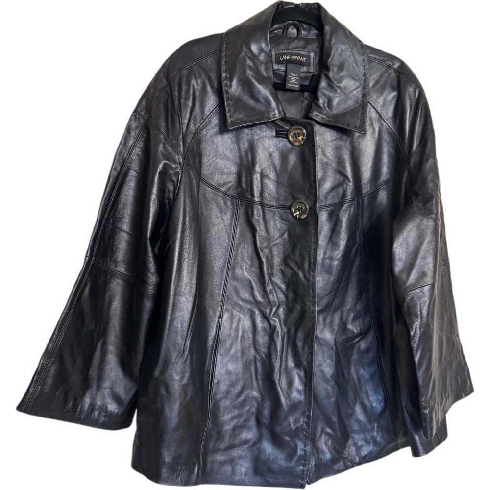 Lane Bryant Genuine 100% Leather Black Swing Coat Jacket Size 22/24 Chic Mod